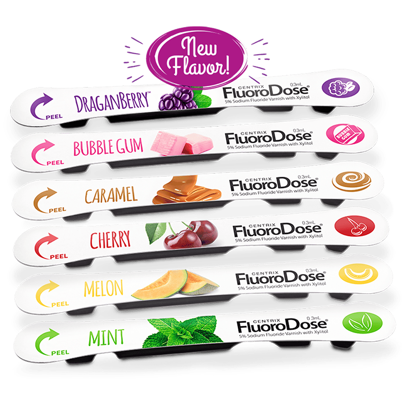 FluoroDose fluoride varnish in six flavors: Bubble Gum, Caramel, Cherry, DraganBerry, Melon, and Mint.