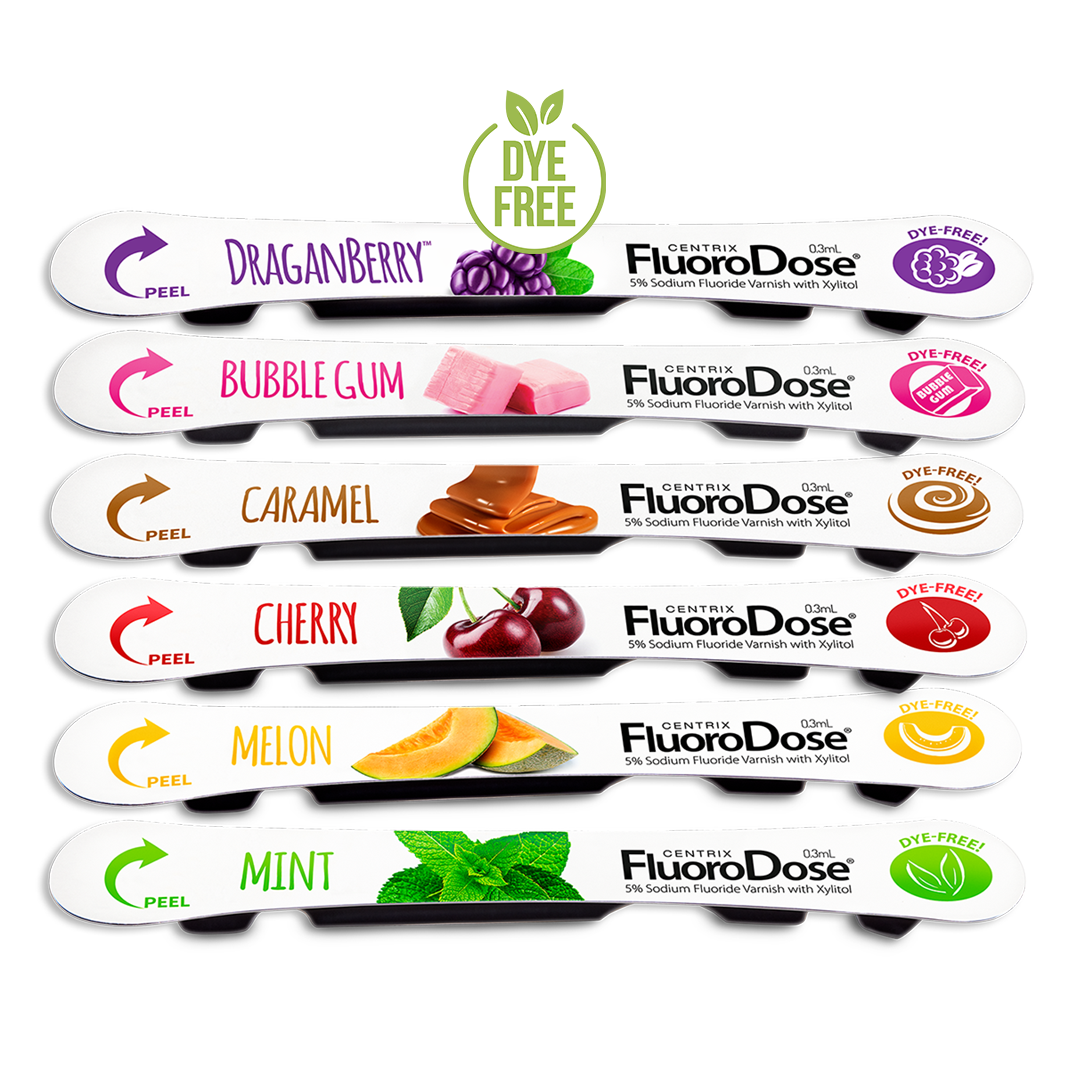 FluoroDose fluoride varnish in six flavors: Bubble Gum, Caramel, Cherry, DraganBerry, Melon, and Mint.